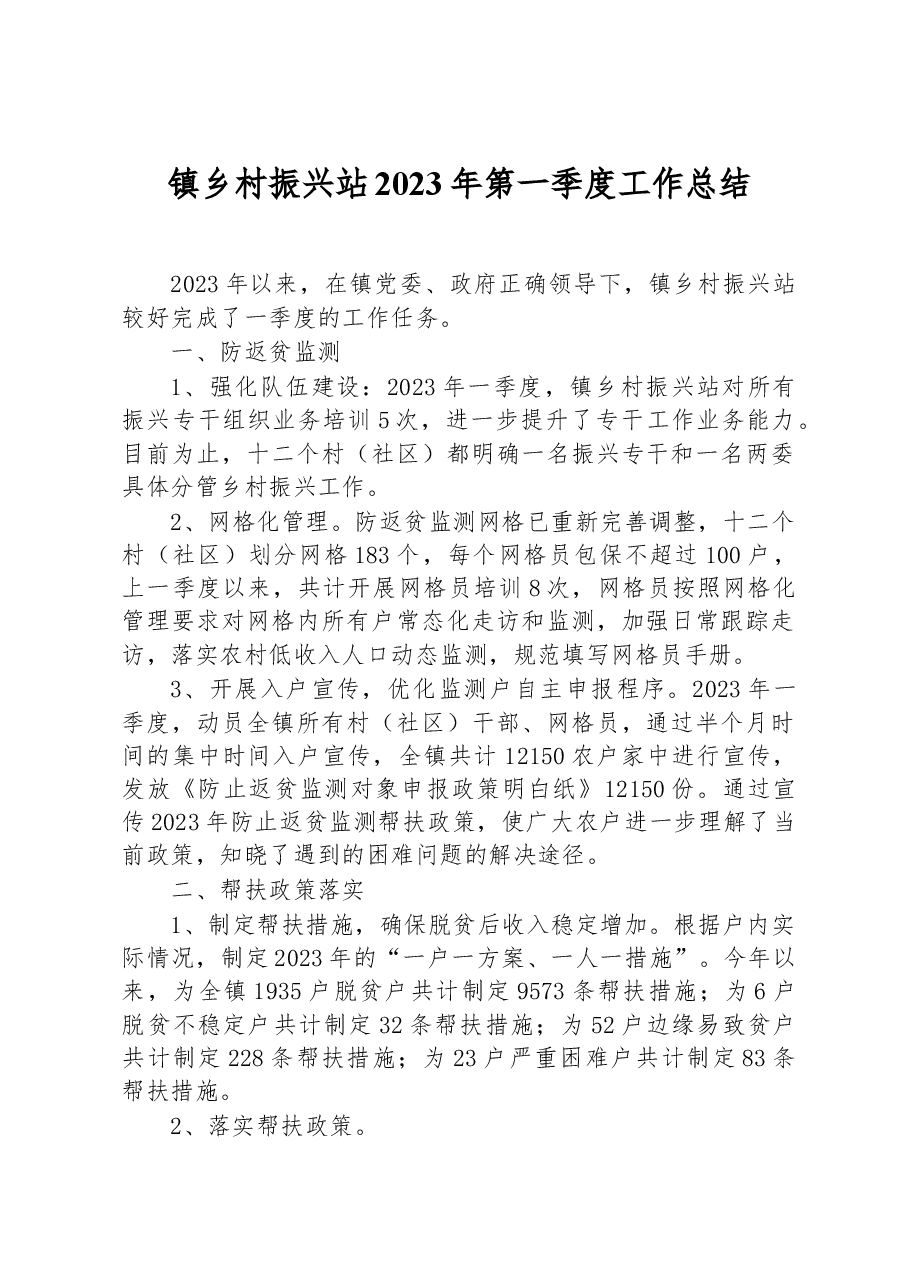 镇乡村振兴站2023年第一季度工作总结.docx，第1页预览