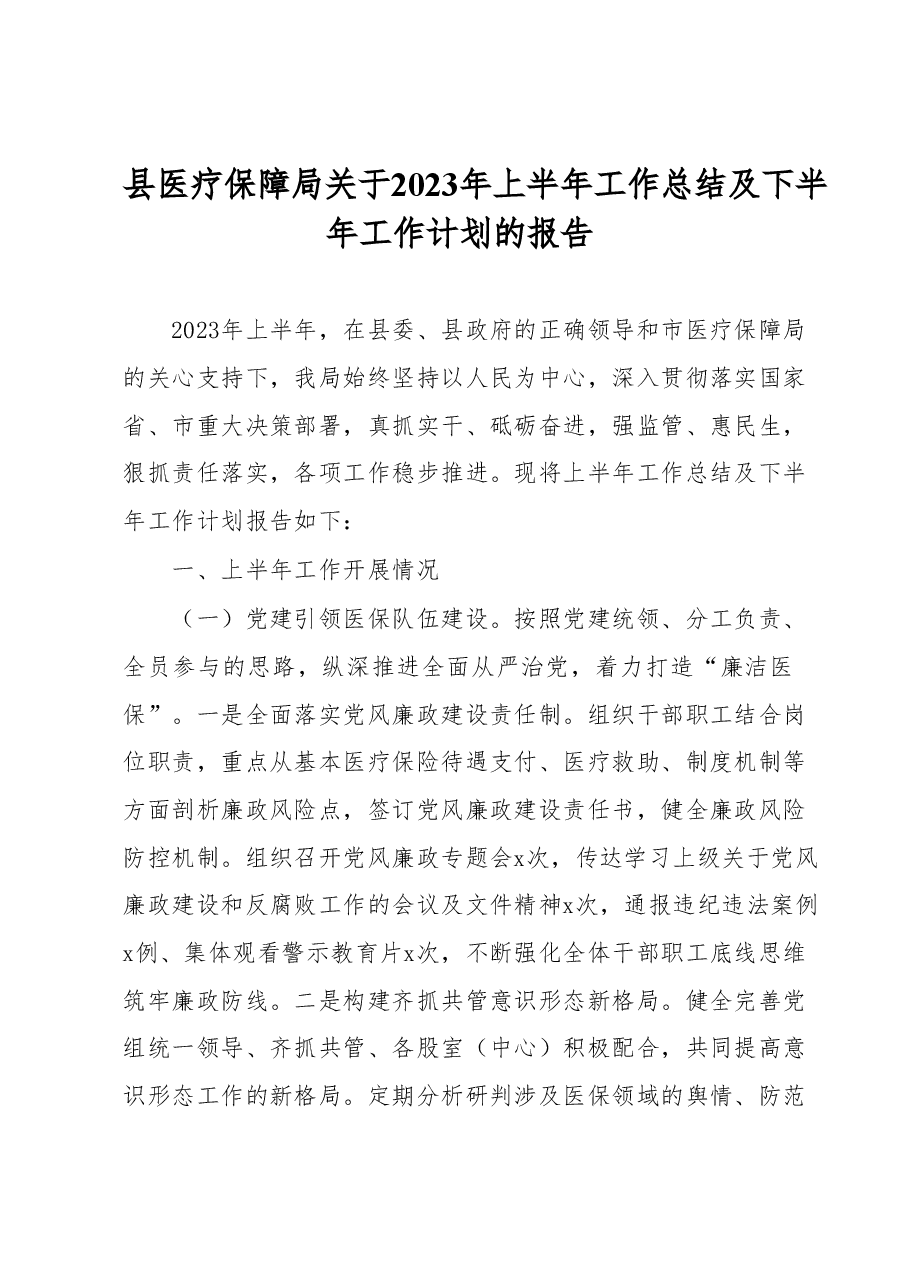 县医疗保障局 关于2023年上半年工作总结及下半年 工作计划的报告.docx,第1页预览