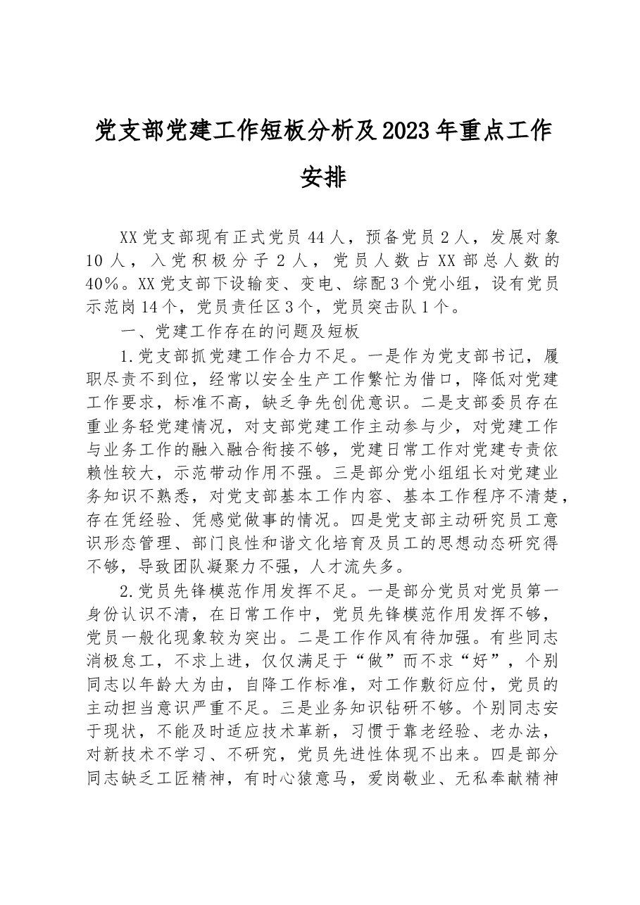 党支部党建工作短板分析及2023年重点工作安排.docx,第1页预览