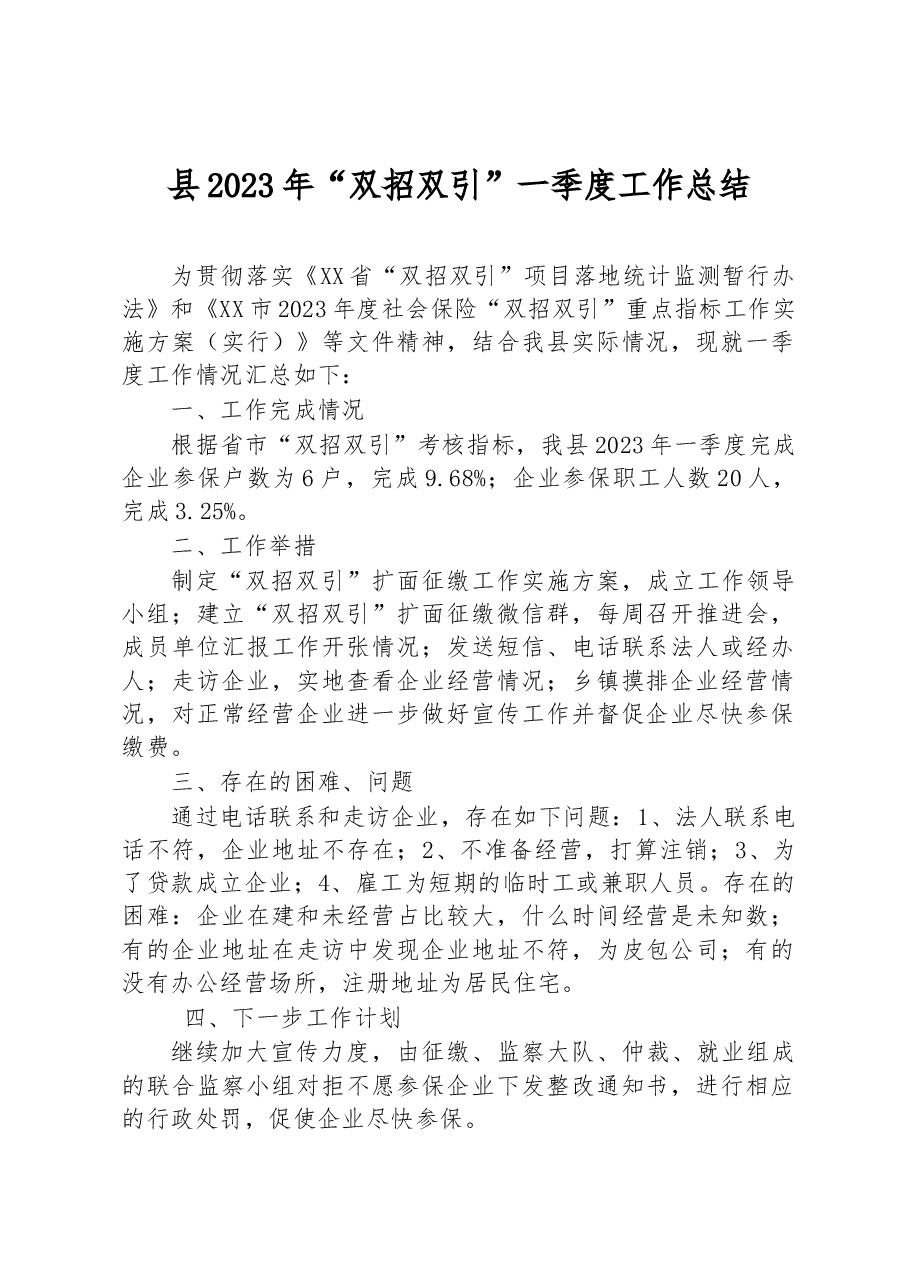 县2023年“双招双引”一季度工作总结.docx,第1页预览