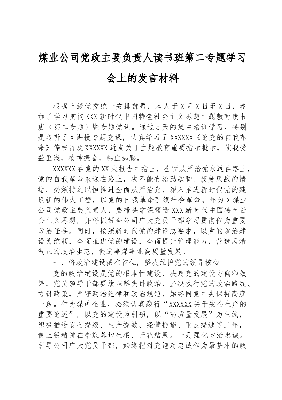 煤业公司党政主要负责人读书班第二专题学习会上的发言材料.docx,第1页预览