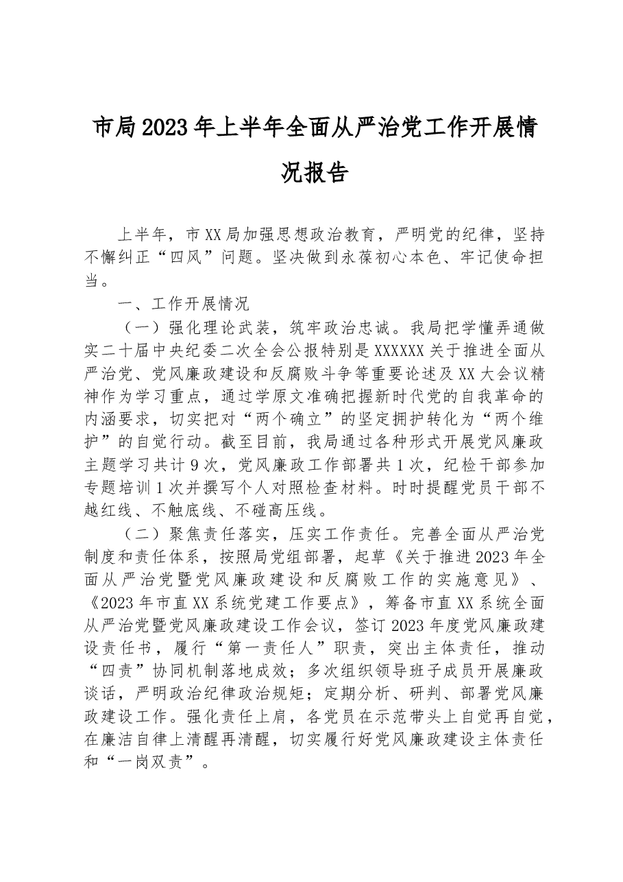 市局2023年上半年全面从严治党工作开展情况报告.docx,第1页预览