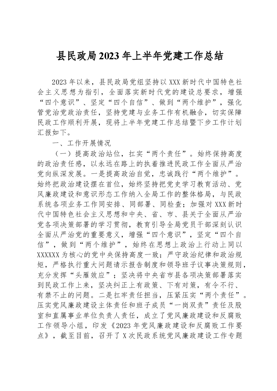 县民政局2023年上半年党建工作总结.docx,第1页预览