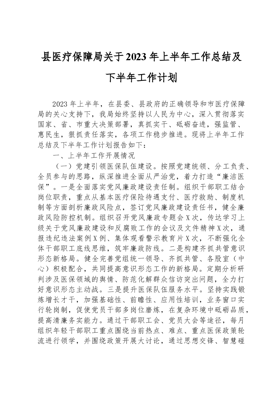 县医疗保障局关于2023年上半年工作总结及下半年工作计划.docx,第1页预览