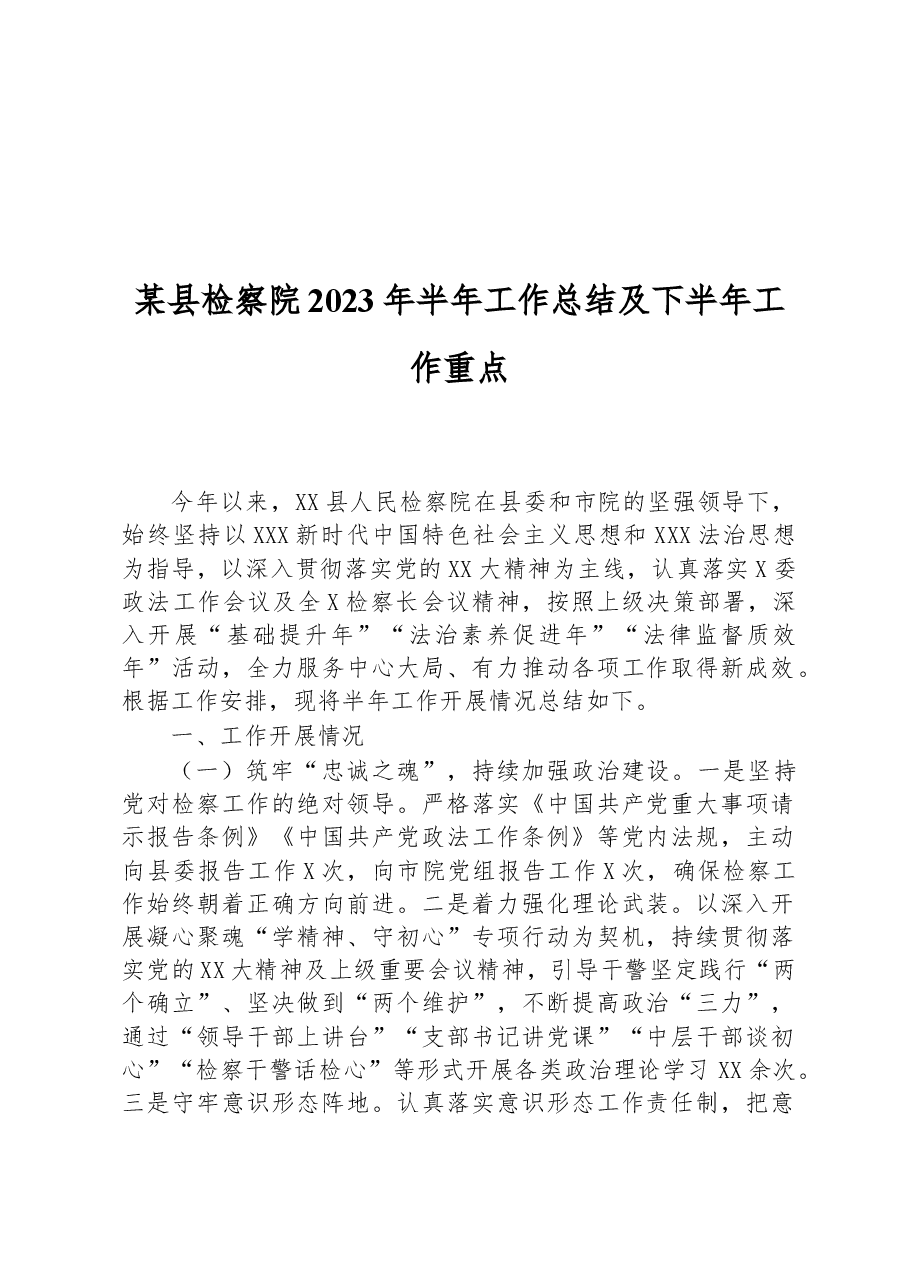 某县检察院2023年半年工作总结及下半年工作重点.docx，第1页预览