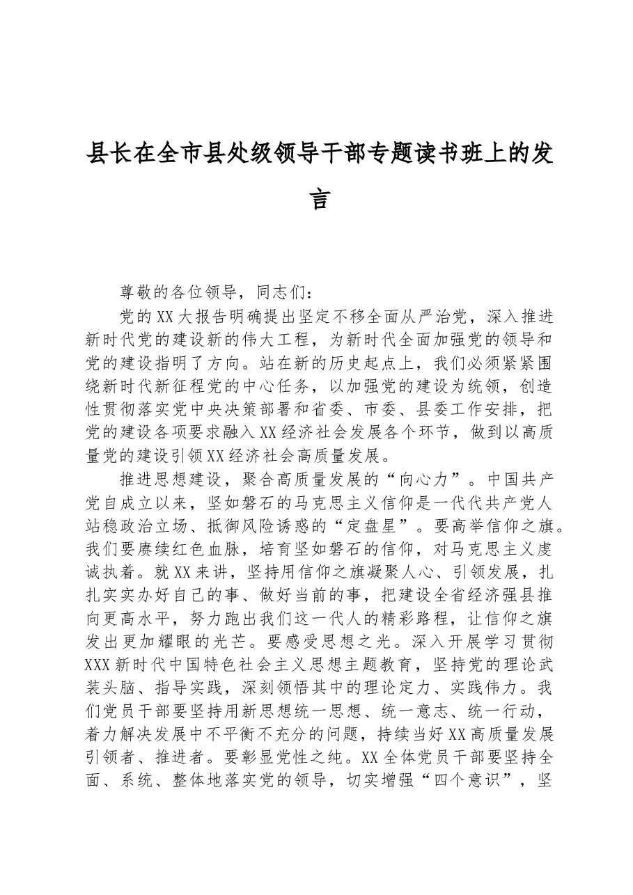 县长在全市县处级领导干部专题读书班上的发言.docx,第1页预览