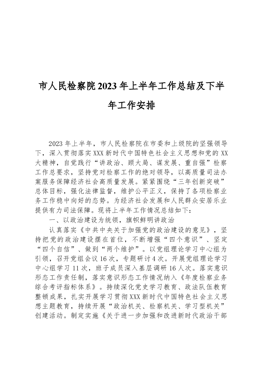 市人民检察院2023年上半年工作总结及下半年工作安排.docx,第1页预览