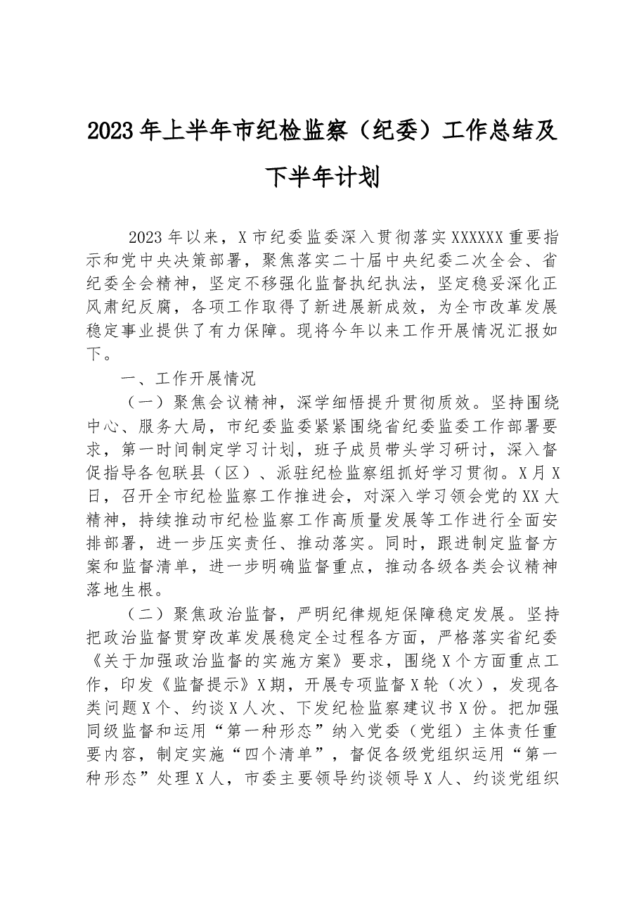 2023年上半年市纪检监察(纪委)工作总结及下半年计划.docx,第1页预览