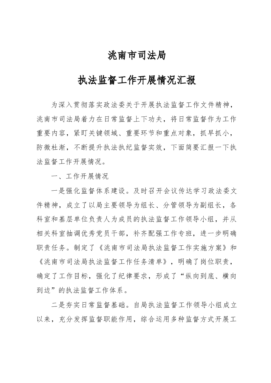 洮南市司法局执法监督工作开展情况报告.docx,第1页预览