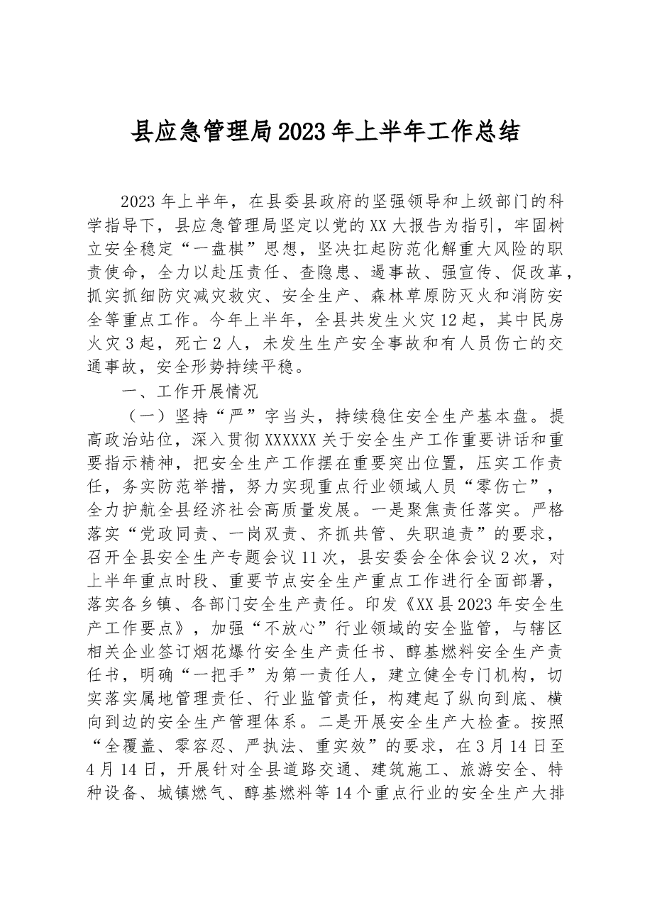县应急管理局2023年上半年工作总结.docx,第1页预览