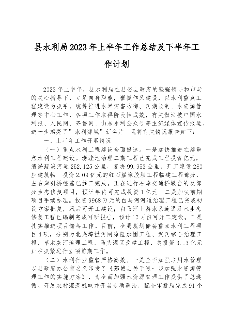 县水利局2023年上半年工作总结及下半年工作计划.docx，第1页预览