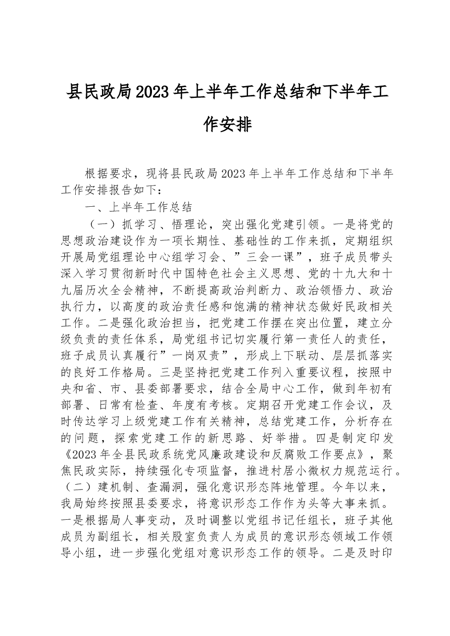 县民政局2023年上半年工作总结和下半年工作安排.docx,第1页预览
