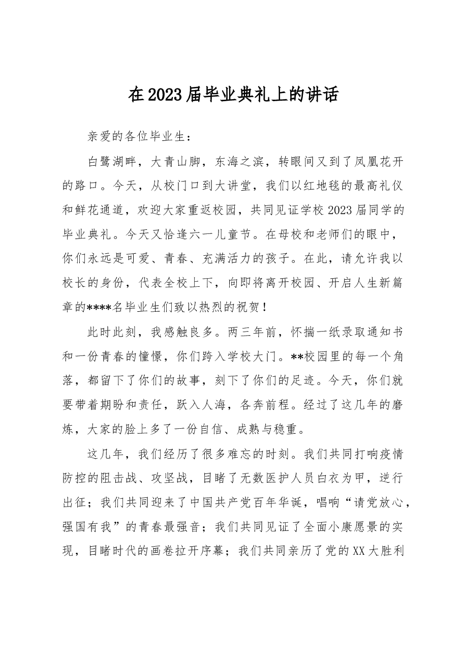 在2023届毕业典礼上的讲话.docx,第1页预览