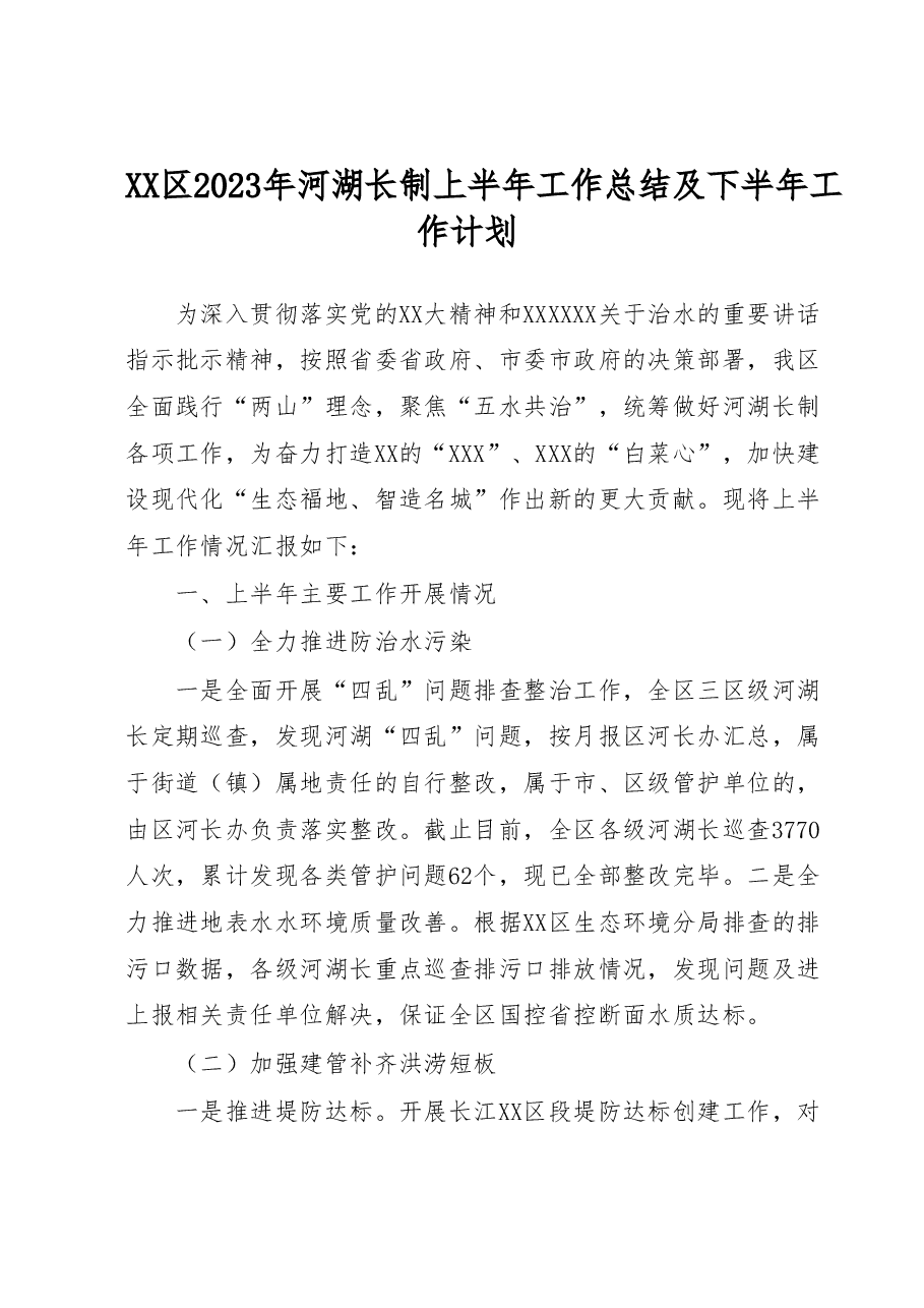 XX区2023年河湖长制上半年工作总结及下半年工作计划.docx,第1页预览