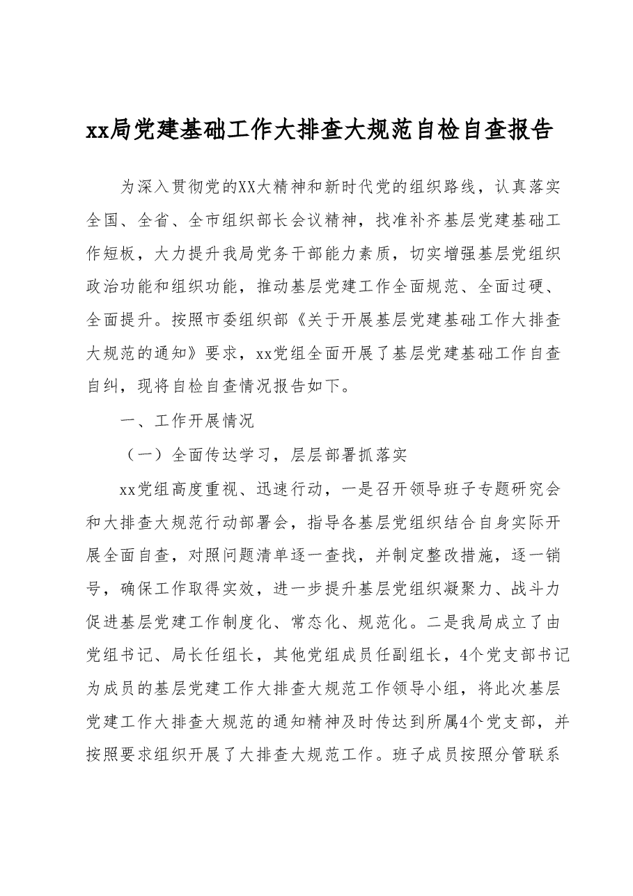 xx局党建基础工作大排查大规范自检自查报告.docx,第1页预览