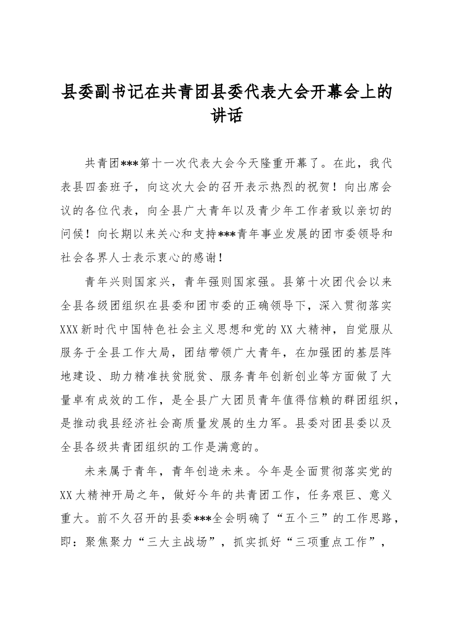 县委副书记在共青团县委代表大会开幕会上的讲话.docx,第1页预览
