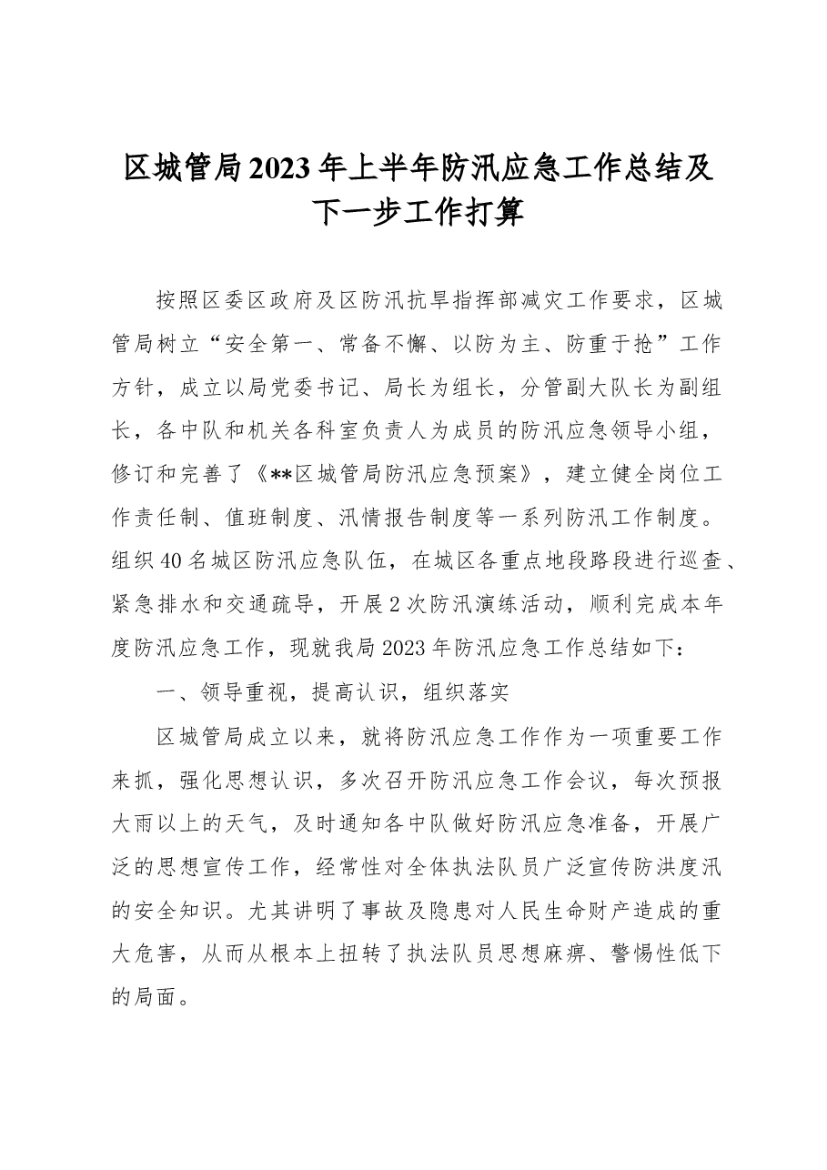 区城管局2023年上半年防汛应急工作总结及下一步工作打算.docx,第1页预览