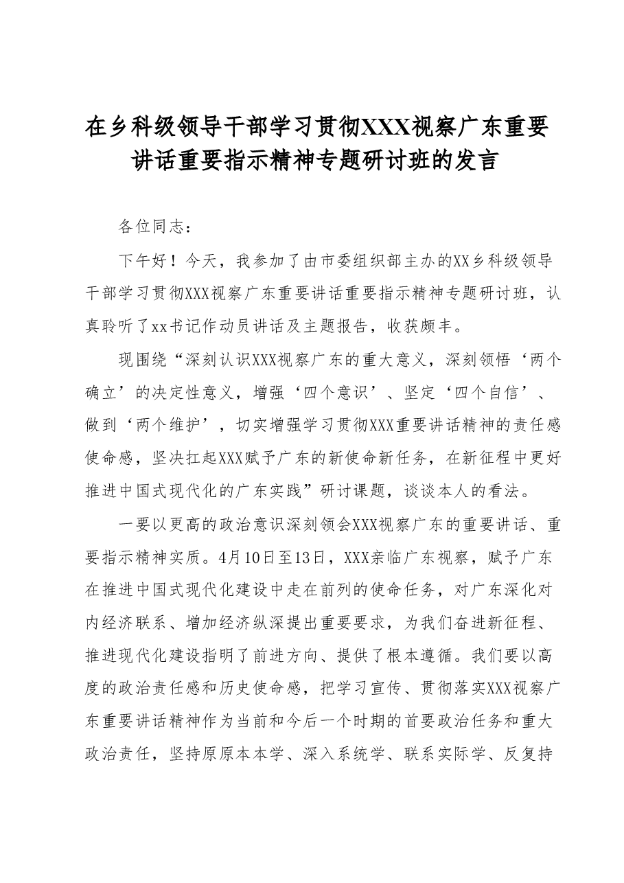 在乡科级领导干部学习贯彻总书记视察广东重要讲话重要指示精神专题研讨班的发言.docx,第1页预览