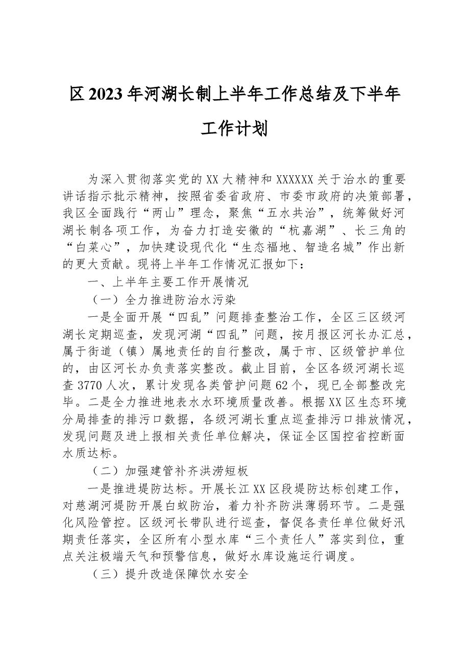 区2023年河湖长制上半年工作总结及下半年工作计划.docx,第1页预览
