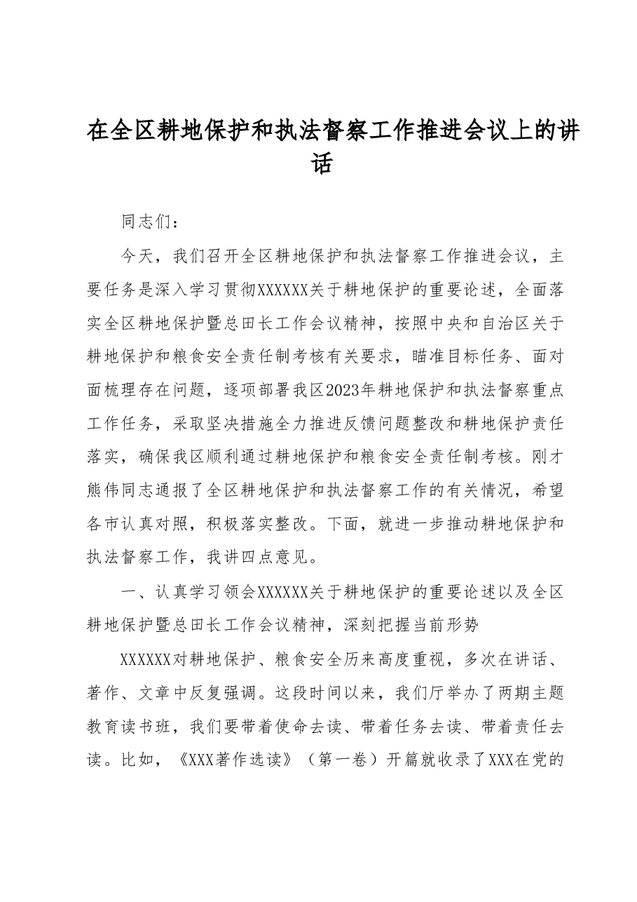 在全区耕地保护和执法督察工作推进会议上的讲话.docx,第1页预览