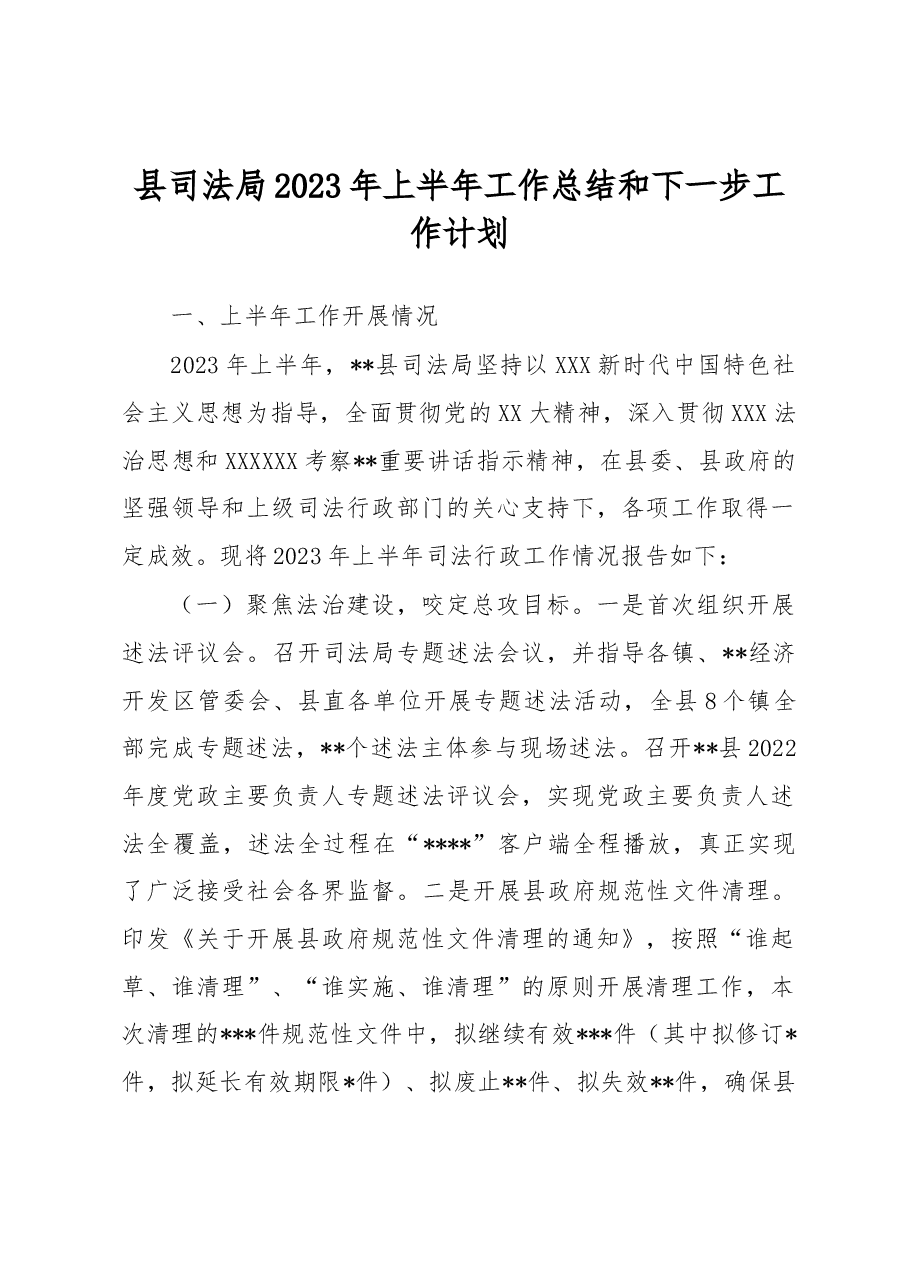县司法局2023年上半年工作总结和下一步工作计划.docx，第1页预览