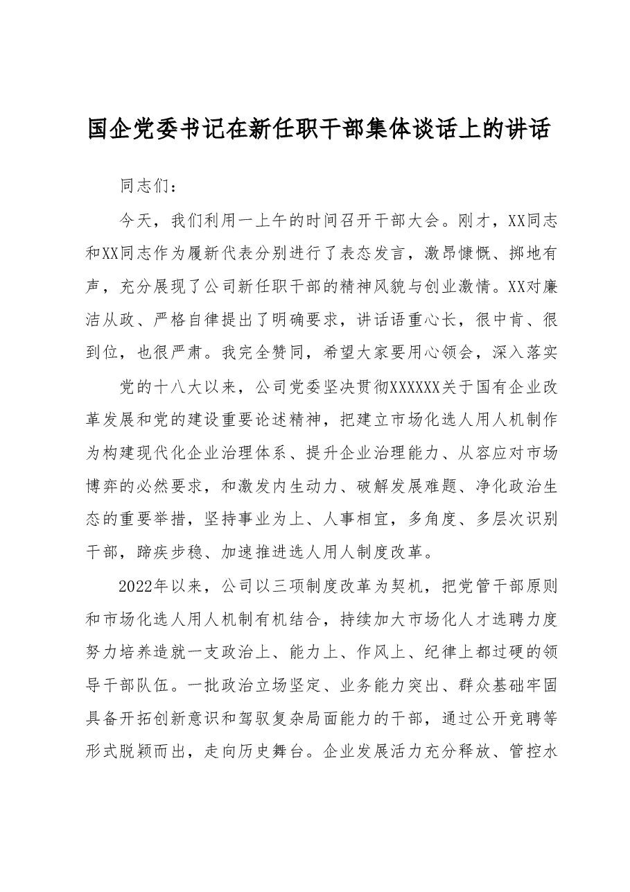 国企党委书记在新任职干部集体谈话上的讲话.docx,第1页预览