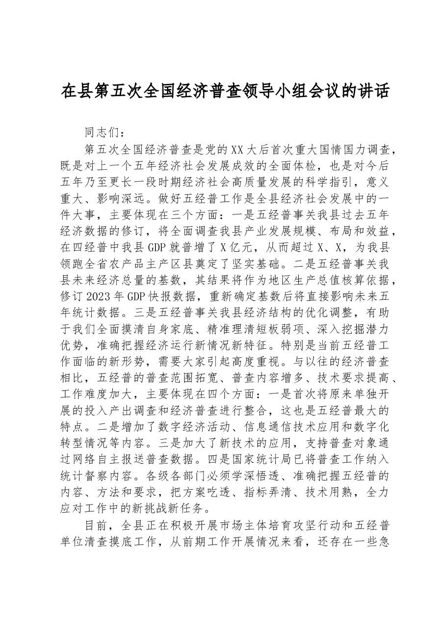 在县第五次全国经济普查领导小组会议的讲话.docx，第1页预览