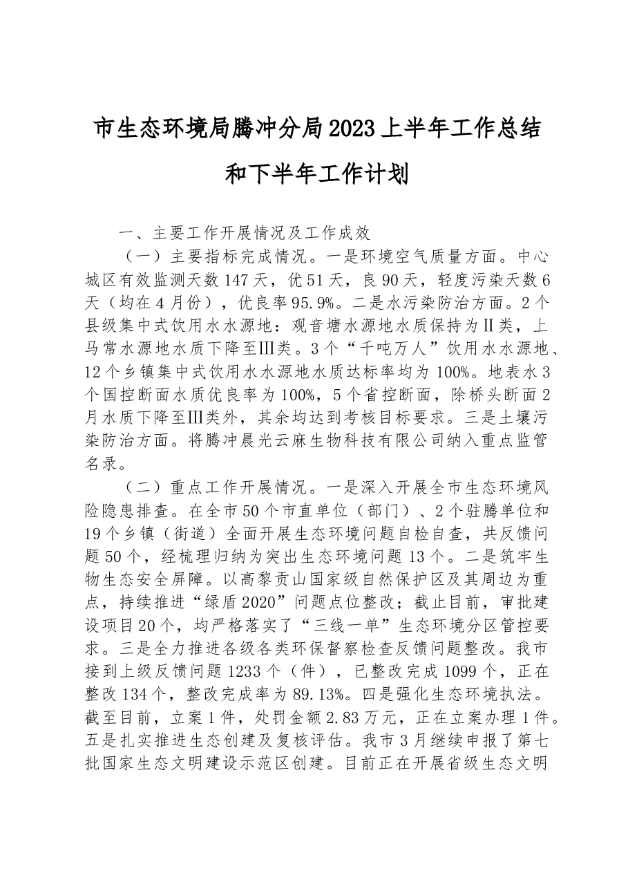 市生态环境局腾冲分局2023上半年工作总结和下半年工作计划.docx,第1页预览