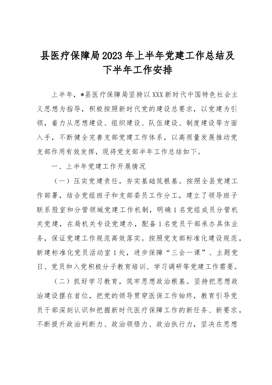 县医疗保障局2023年上半年党建工作总结及下半年工作安排.docx,第1页预览