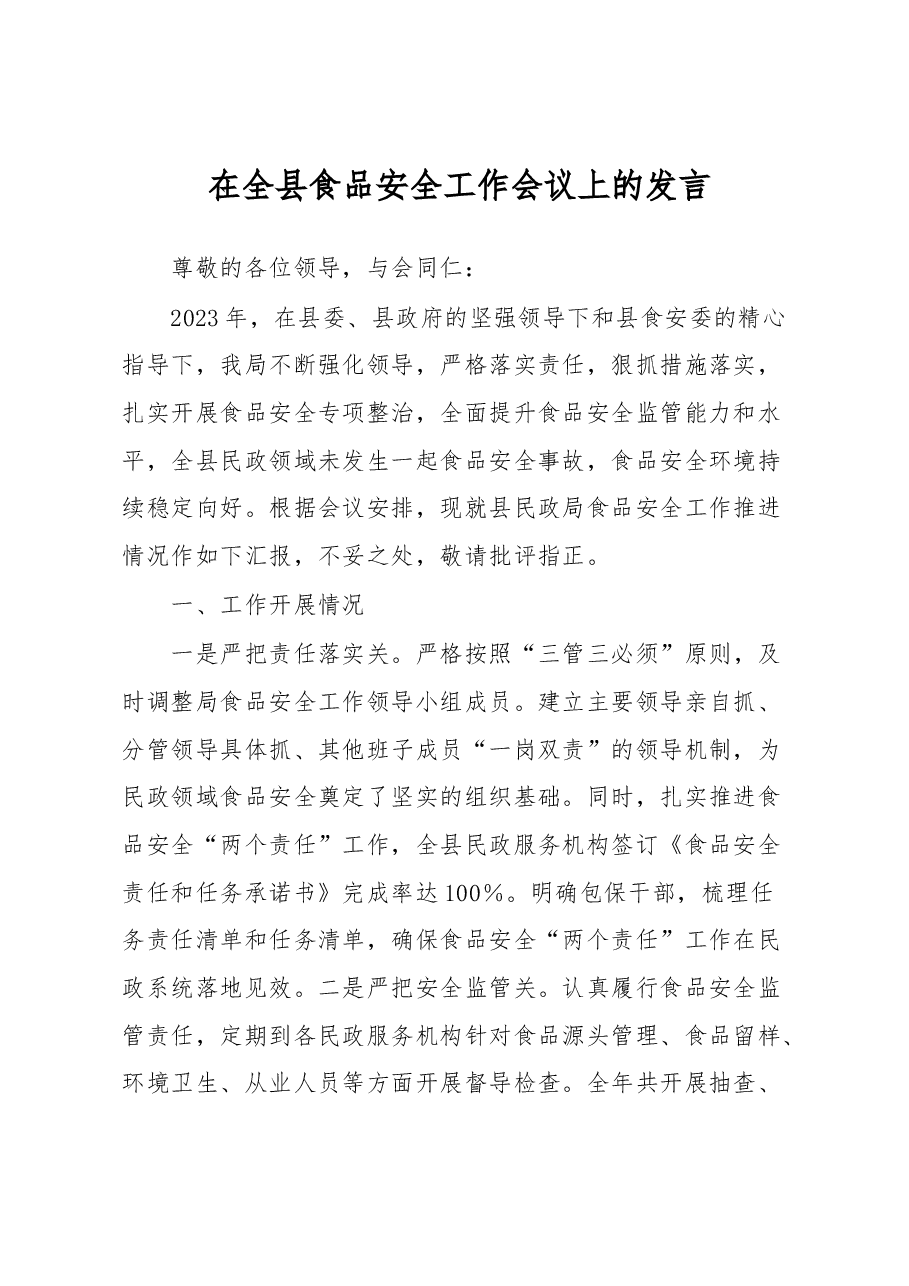 在全县食品安全工作会议上的发言.docx,第1页预览