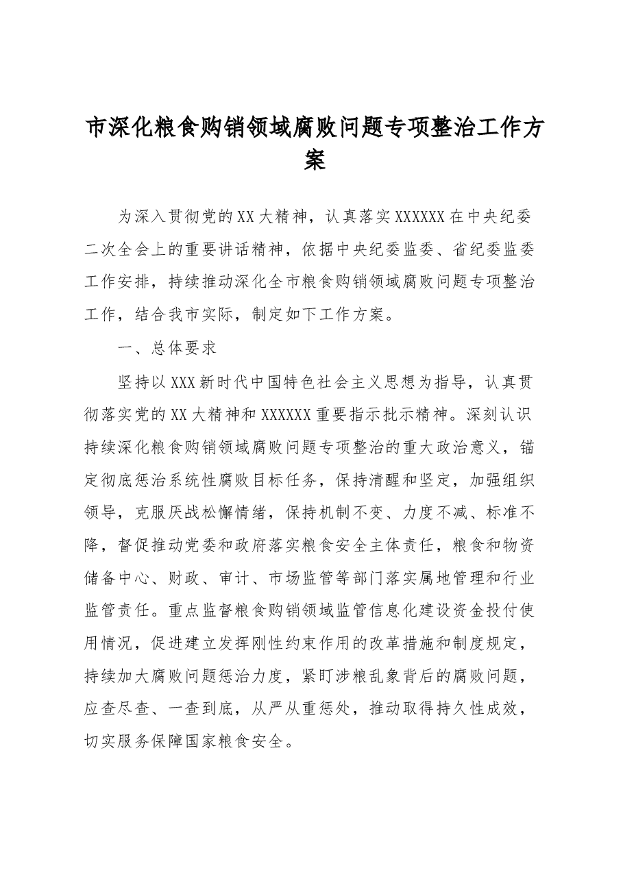 市深化粮食购销领域腐败问题专项整治工作方案.docx，第1页预览