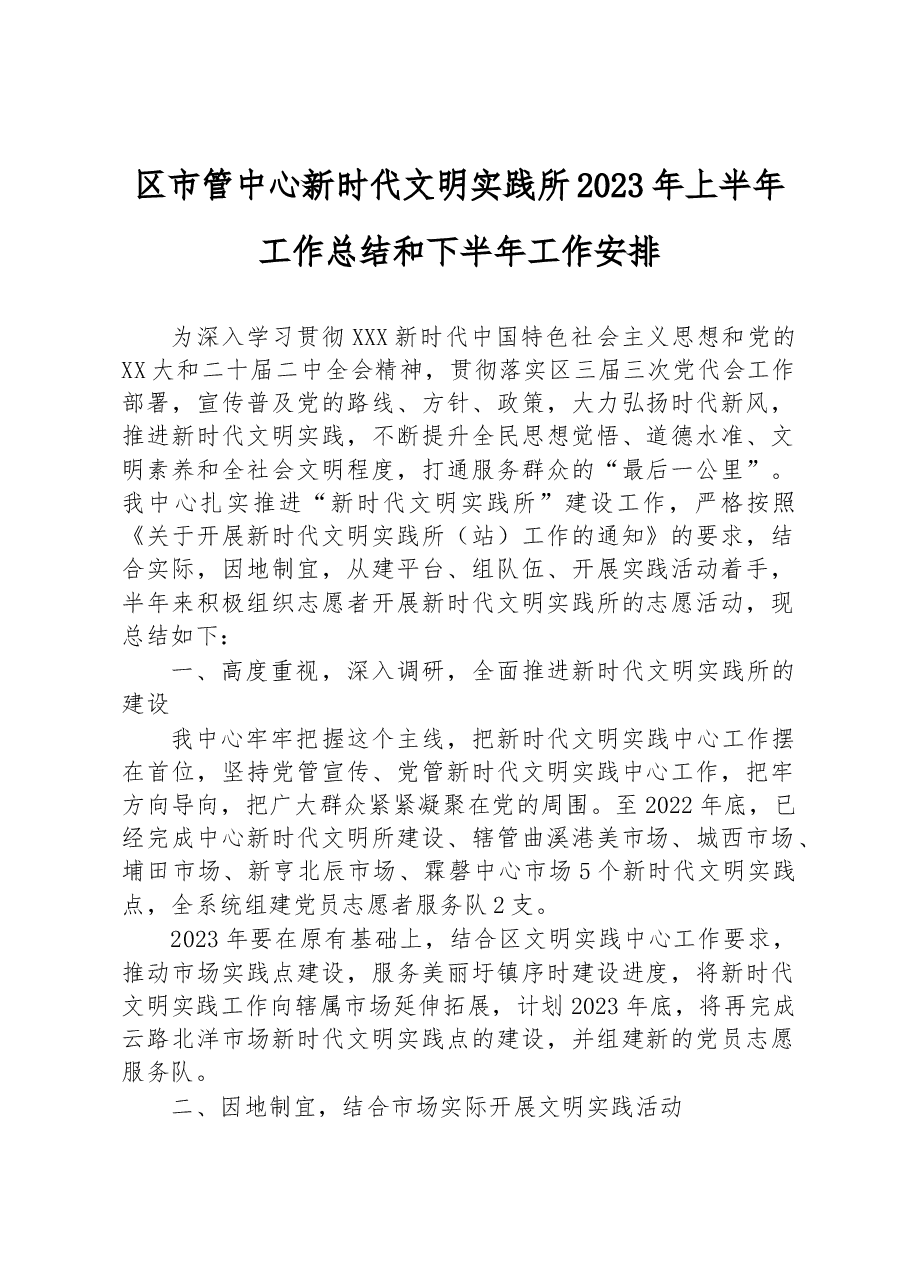 区市管中心新时代文明实践所2023年上半年工作总结和下半年工作安排.docx,第1页预览