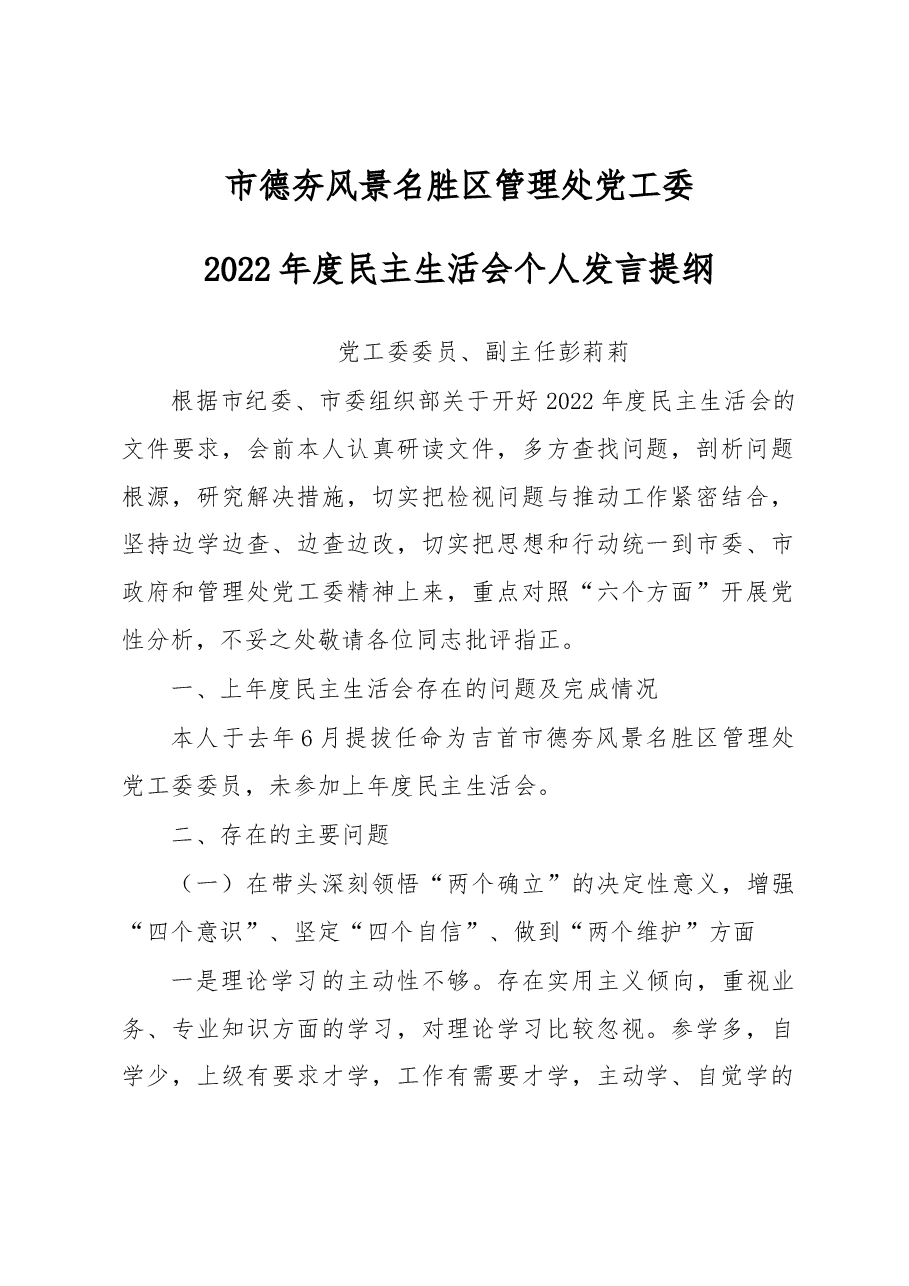 风景名胜区管理处党工委2022年度民主生活会个人发言提纲.docx,第1页预览