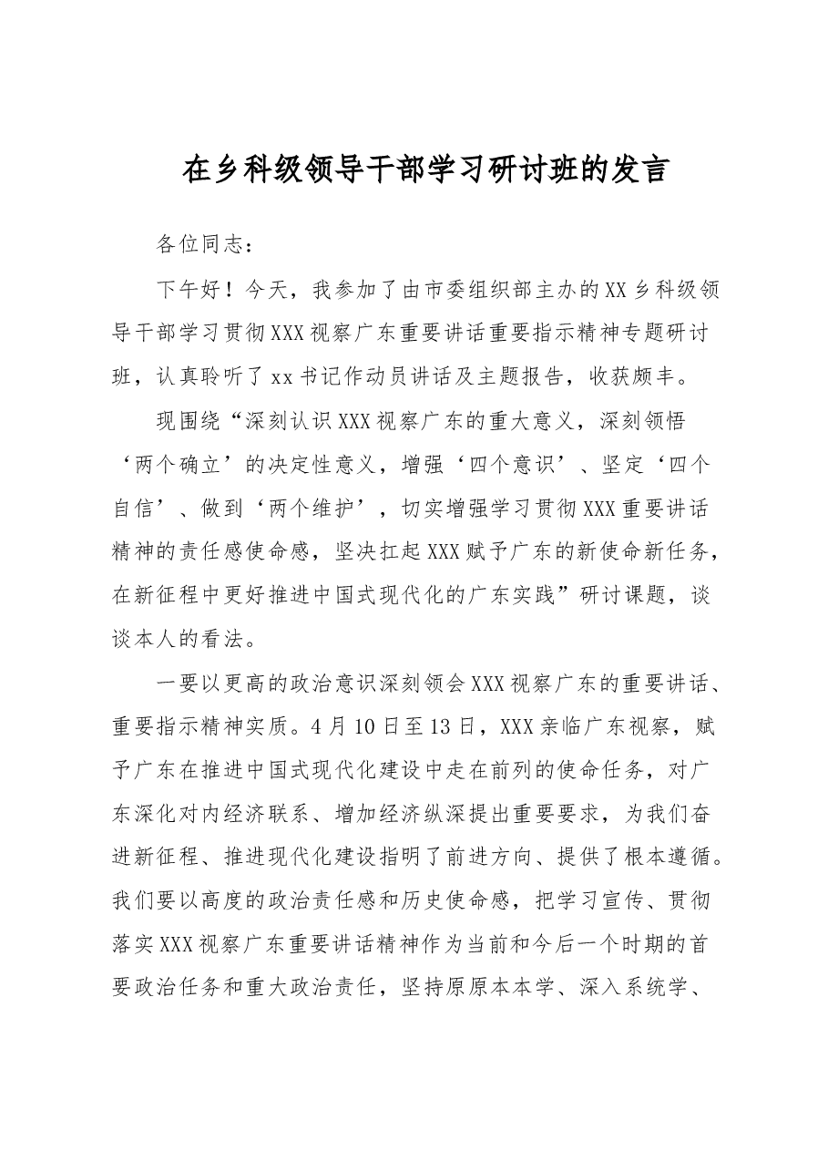 在乡科级领导干部学习研讨班的发言.docx,第1页预览