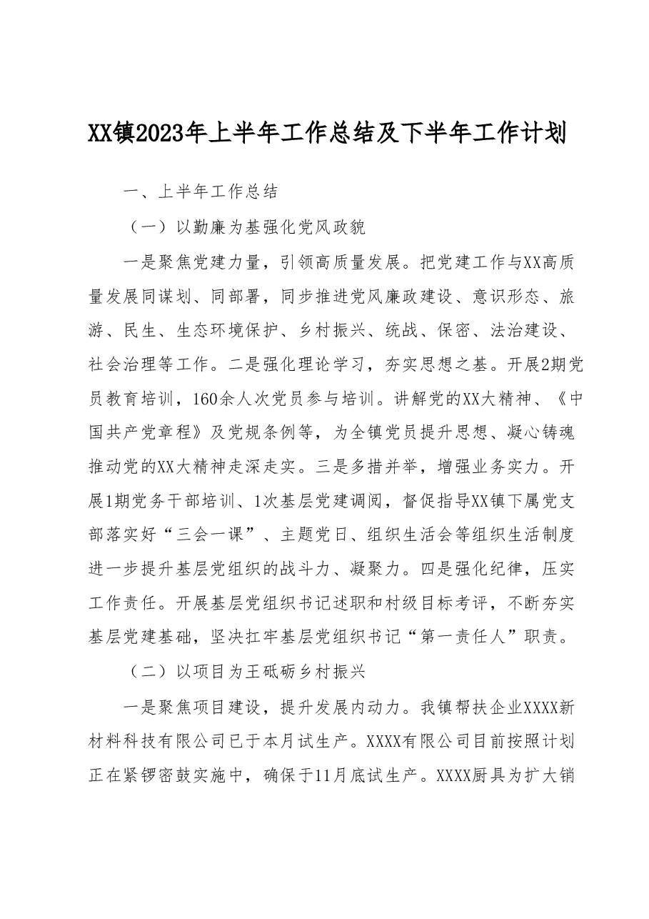 XX镇2023年上半年工作总结及下半年工作计划.docx,第1页预览