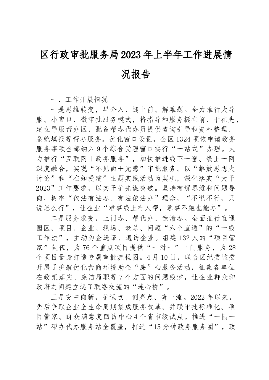 区行政审批服务局2023年上半年工作进展情况报告.docx,第1页预览