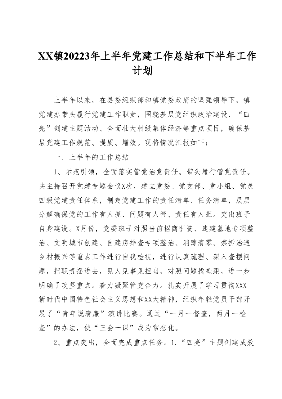 XX镇20223年上半年党建工作总结和下半年工作计划.docx,第1页预览