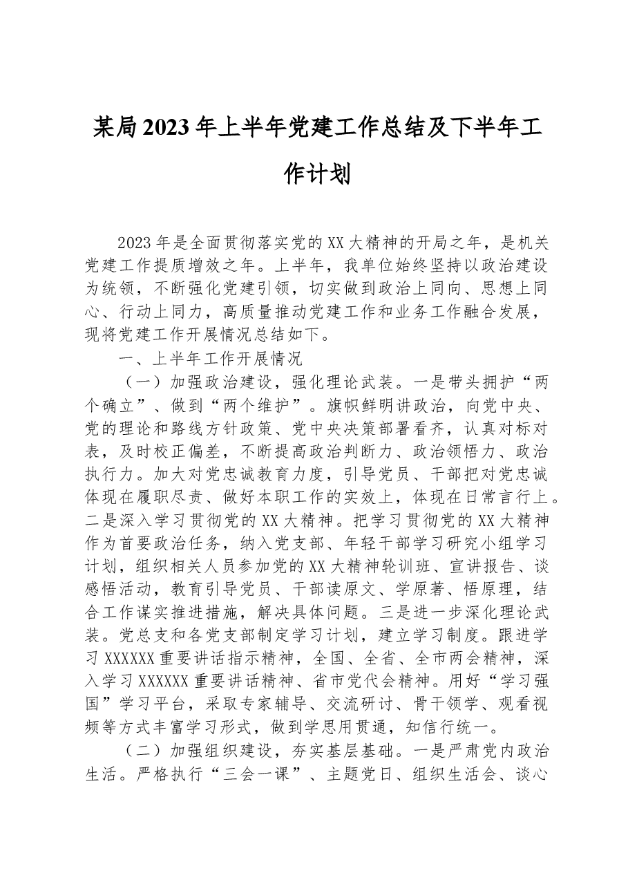 某局2023年上半年党建工作总结及下半年工作计划.docx,第1页预览