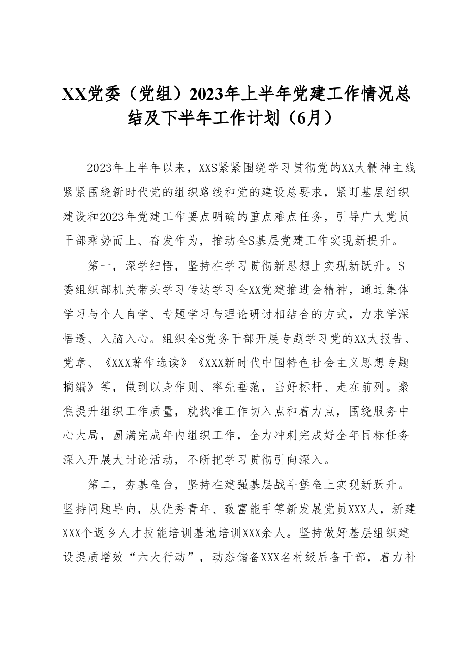 XX党委(党组)2023年上半年党建工作情况总结及下半年工作计划(6月).docx,第1页预览