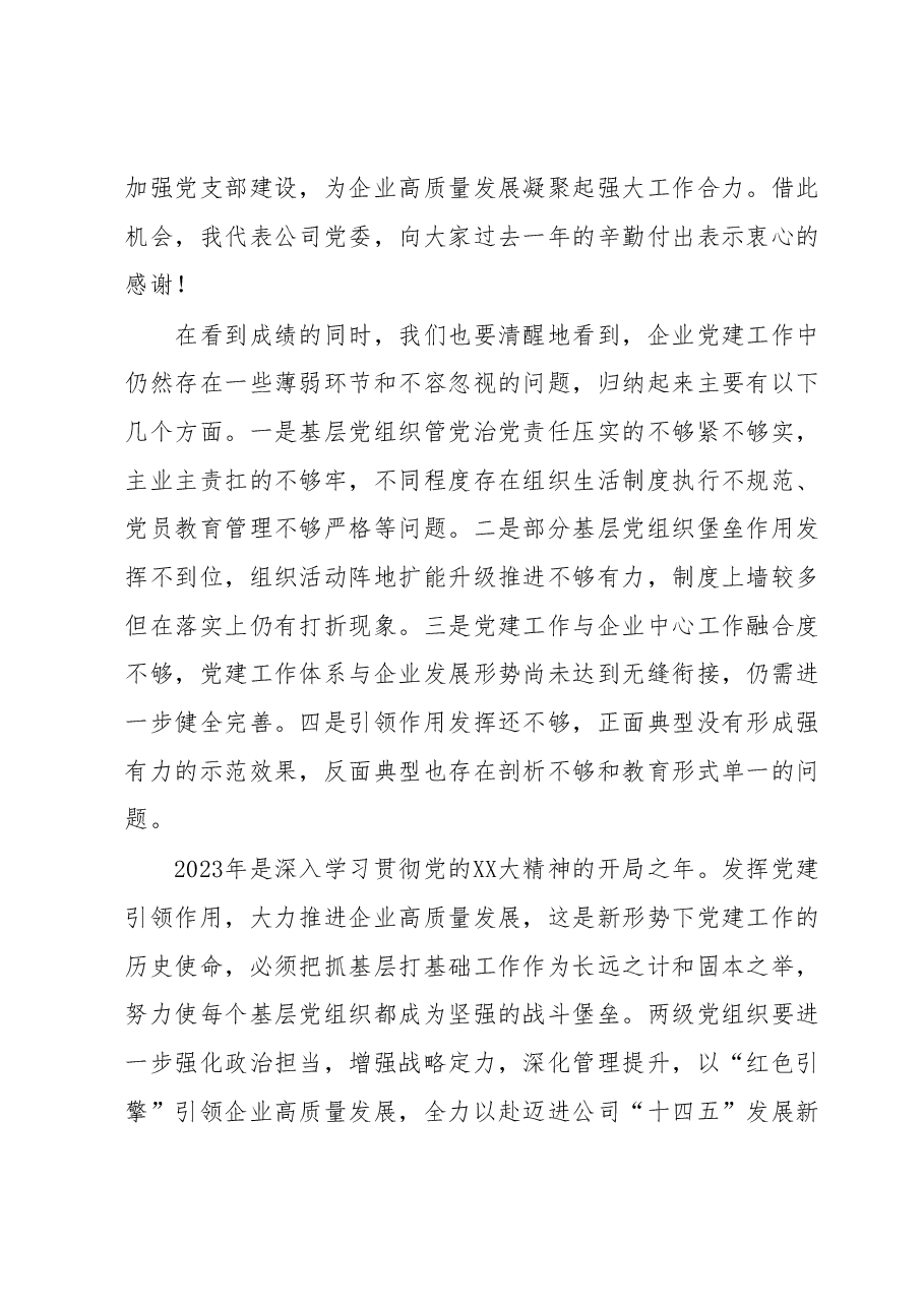 公司党委书记在基层党建工作述职评议考核会暨全面从严治党(党建)工作会上的讲话.docx,第2页预览