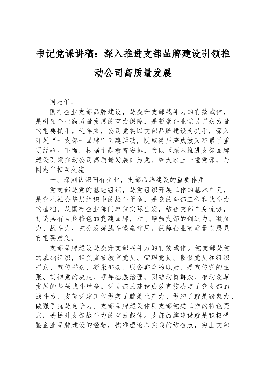书记党课讲稿:深入推进支部品牌建设+引领推动公司高质量发展.docx,第1页预览