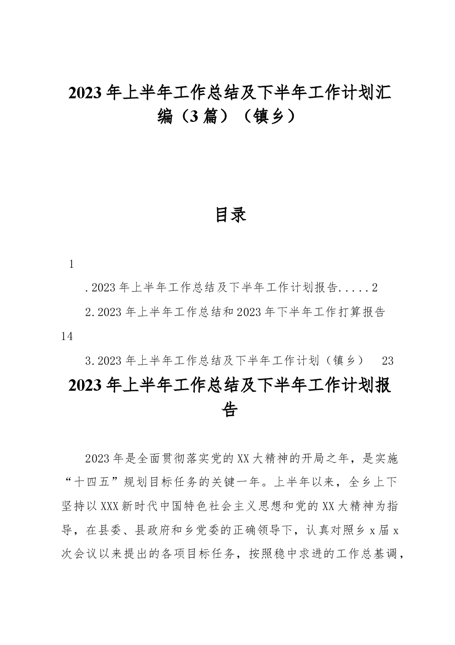 (3篇)2023年上半年工作总结及下半年工作计划汇编(镇乡).docx,第1页预览