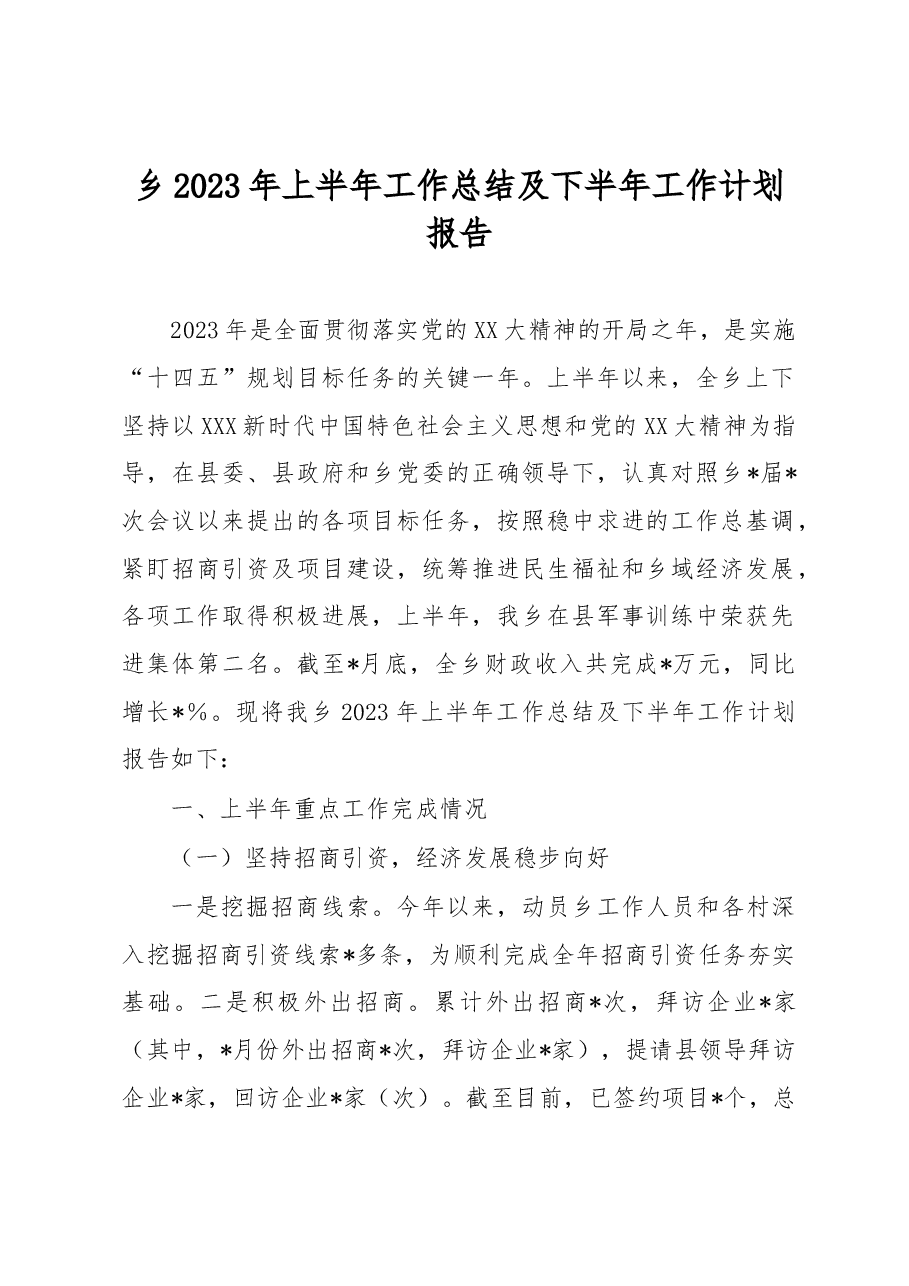 乡2023年上半年工作总结及下半年工作计划报告.docx，第1页预览