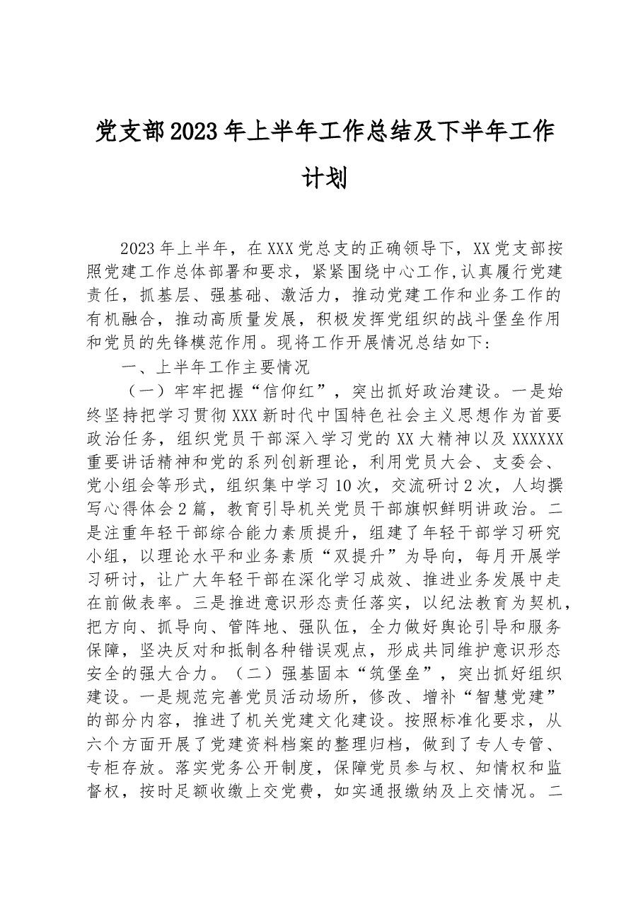 党支部2023年上半年工作总结及下半年工作计划.docx，第1页预览