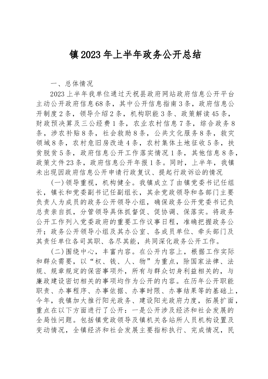 镇2023年上半年政务公开总结.docx,第1页预览