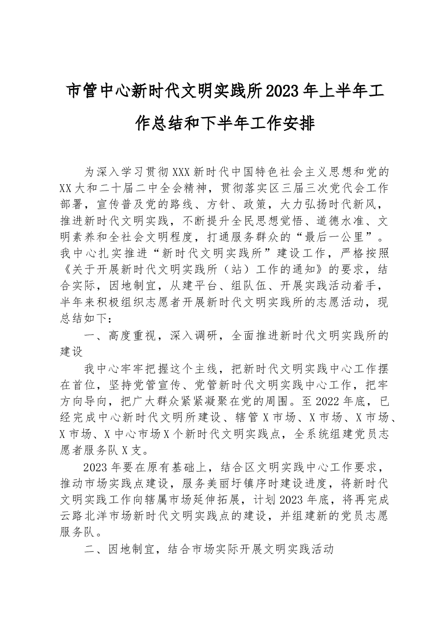 市管中心新时代文明实践所2023年上半年工作总结和下半年工作安排.docx,第1页预览
