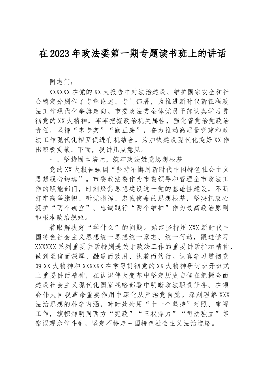 在2023年政法委第一期专题读书班上的讲话.docx,第1页预览