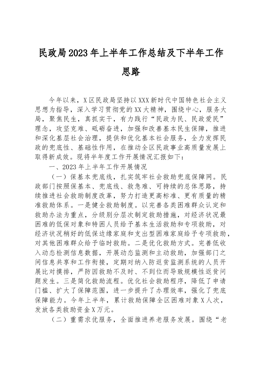 民政局2023年上半年工作总结及下半年工作思路.docx,第1页预览