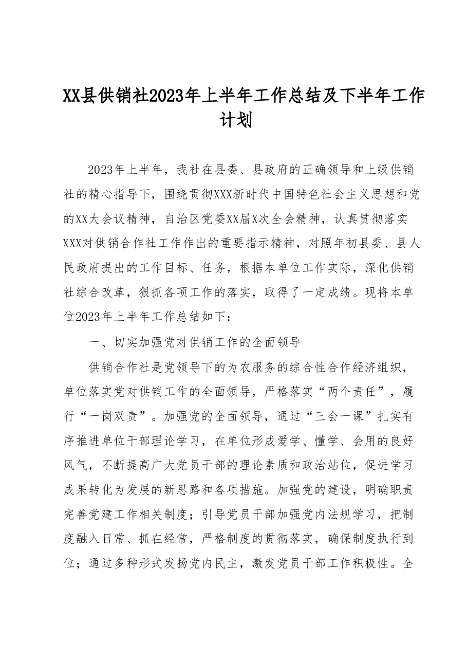 XX县供销社2023年上半年工作总结及下半年工作计划.docx,第1页预览
