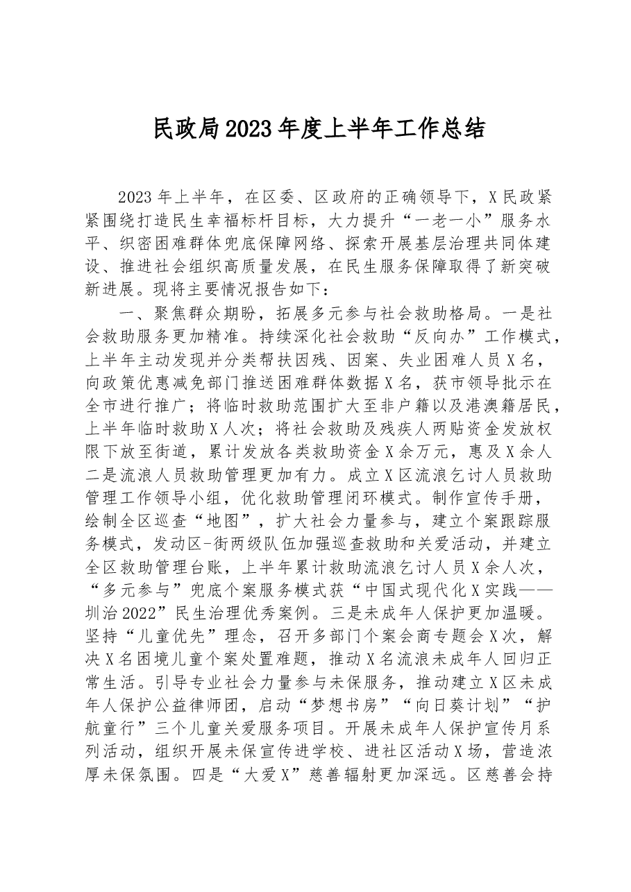 民政局2023年度上半年工作总结.docx,第1页预览